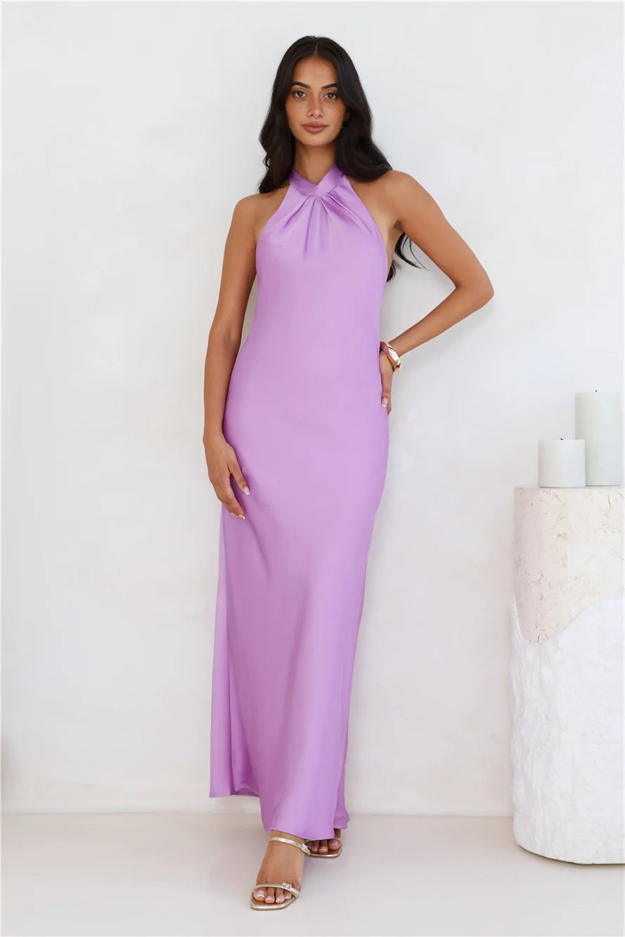 Delicate Dazzle Halter Satin Maxi Dress Peach