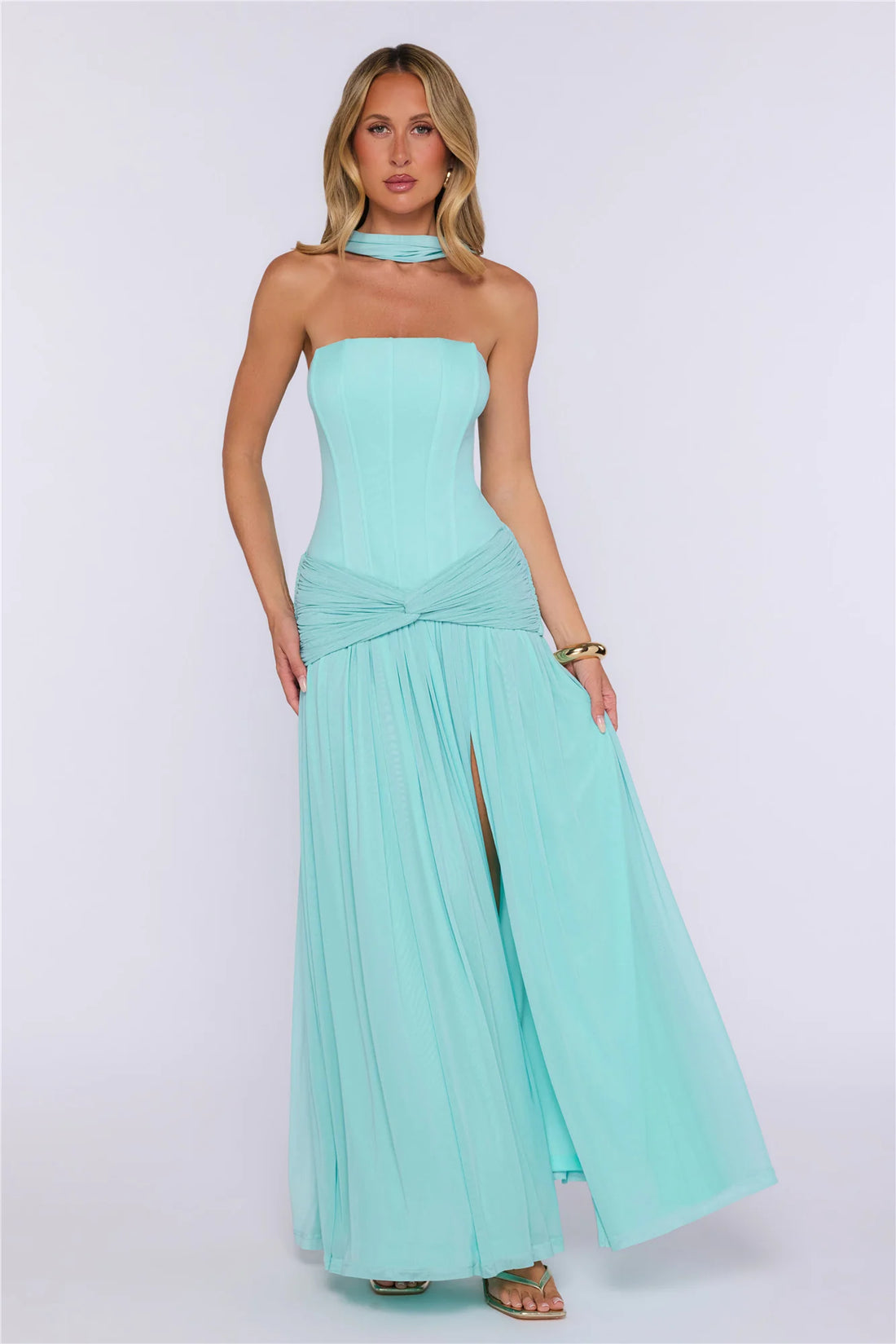 Pretty Feeling Strapless Mesh Maxi Dress Aqua