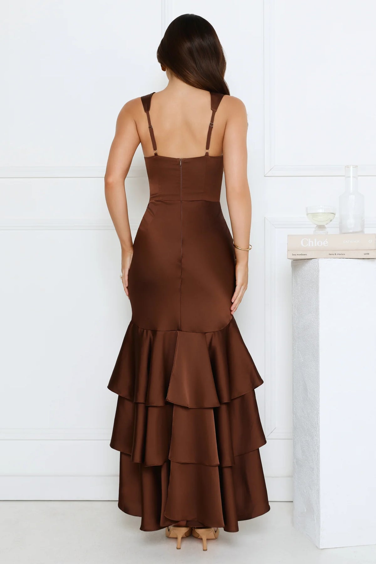 Formal Whimsy Satin Maxi Dress Brown