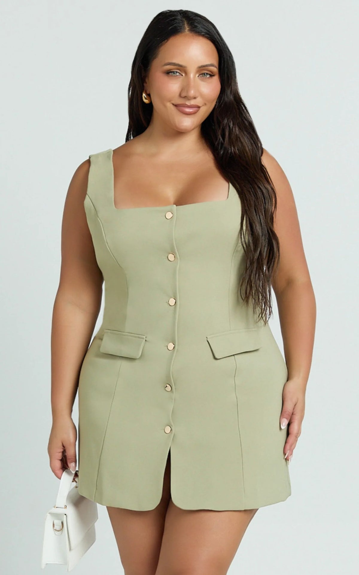 Kenna Mini Dress - Square Neck Button Down Mini Dress in Ivory
