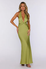Palm Breeze Party Satin Halter Maxi Dress Lime