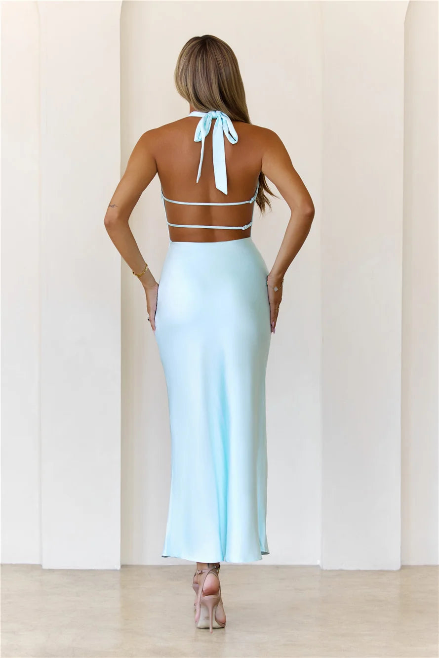 Starlit Diva Halter Satin Maxi Dress Blue