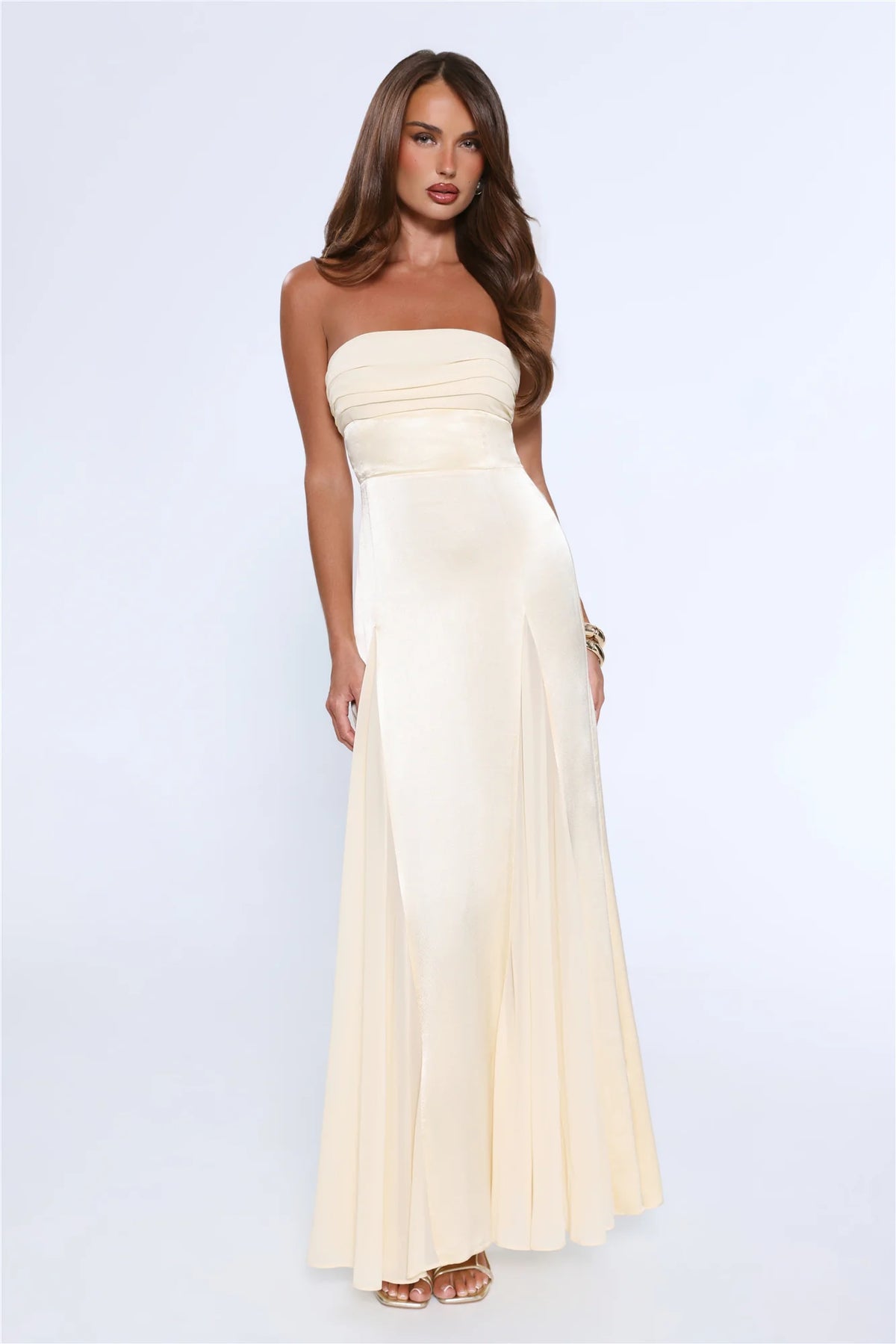 Statement Shine Strapless Satin Maxi Dress Red