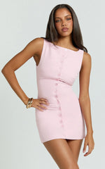 Adela Mini Dress - Mock Button Thru Boat Neck Dress in Baby Blue
