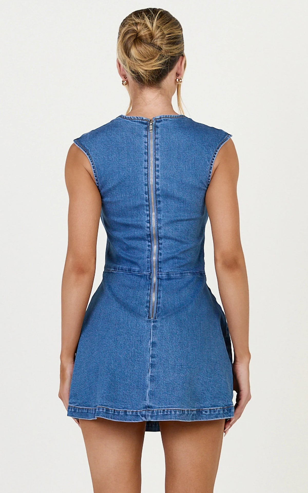 Heather Mini Dress - Square Neck A Line Denim Mini Dress in Mid Blue Wash