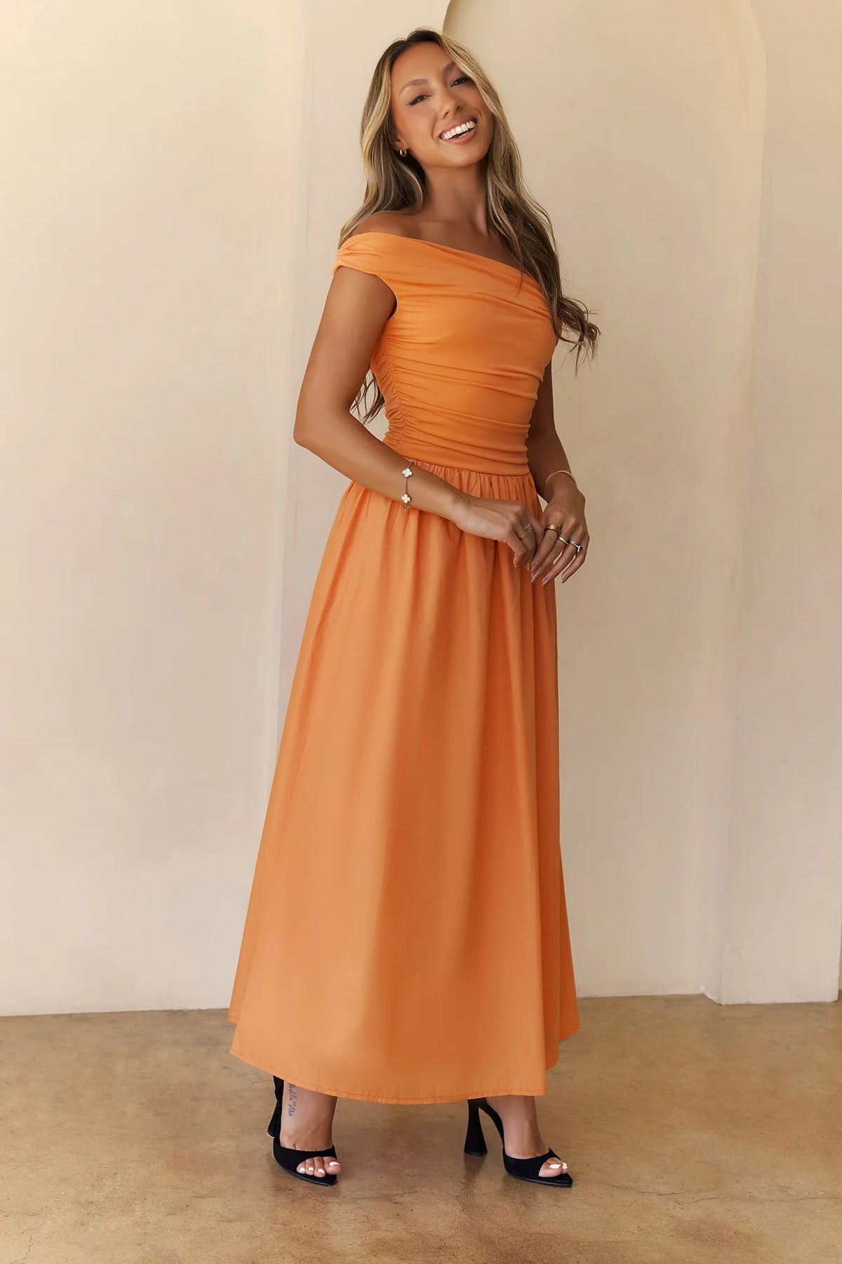 Camellia Charm Off Shoulder Maxi Dress Yellow