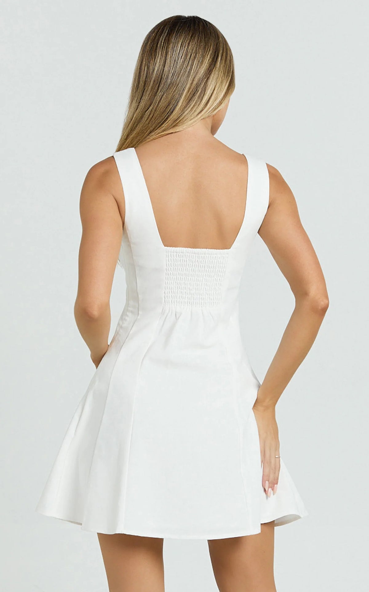 Adiana Mini Dress - Linen Square Neck Shirred Back A Line Dress in Pink