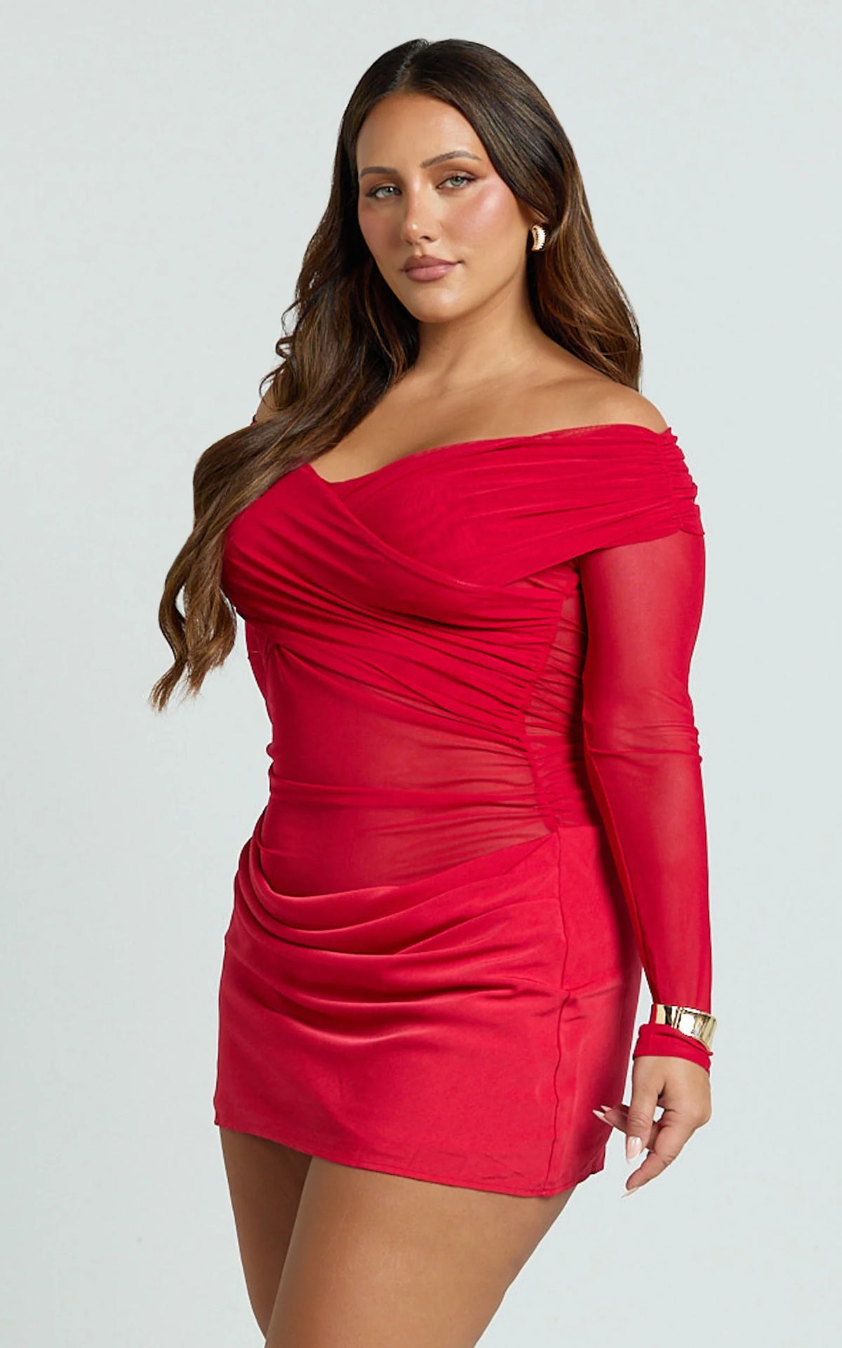 Jade Mini Dress - Long Sleeve Off Shoulder Draped Bias Cut Dress in Black