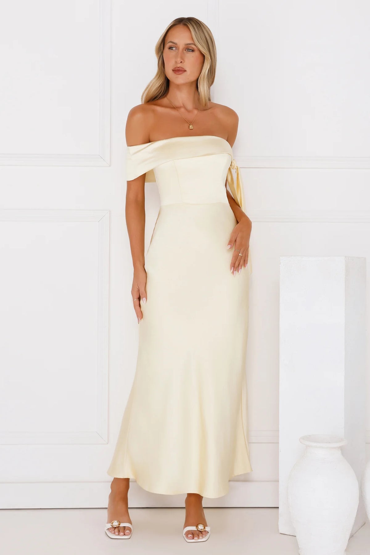The Hype Off Shoulder Satin Midi Dress Black