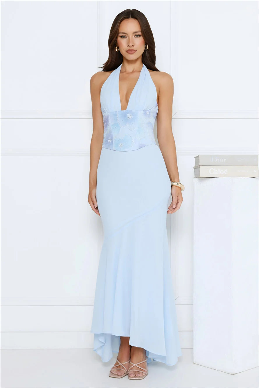 Silver Lining Love Halter Maxi Dress Blue