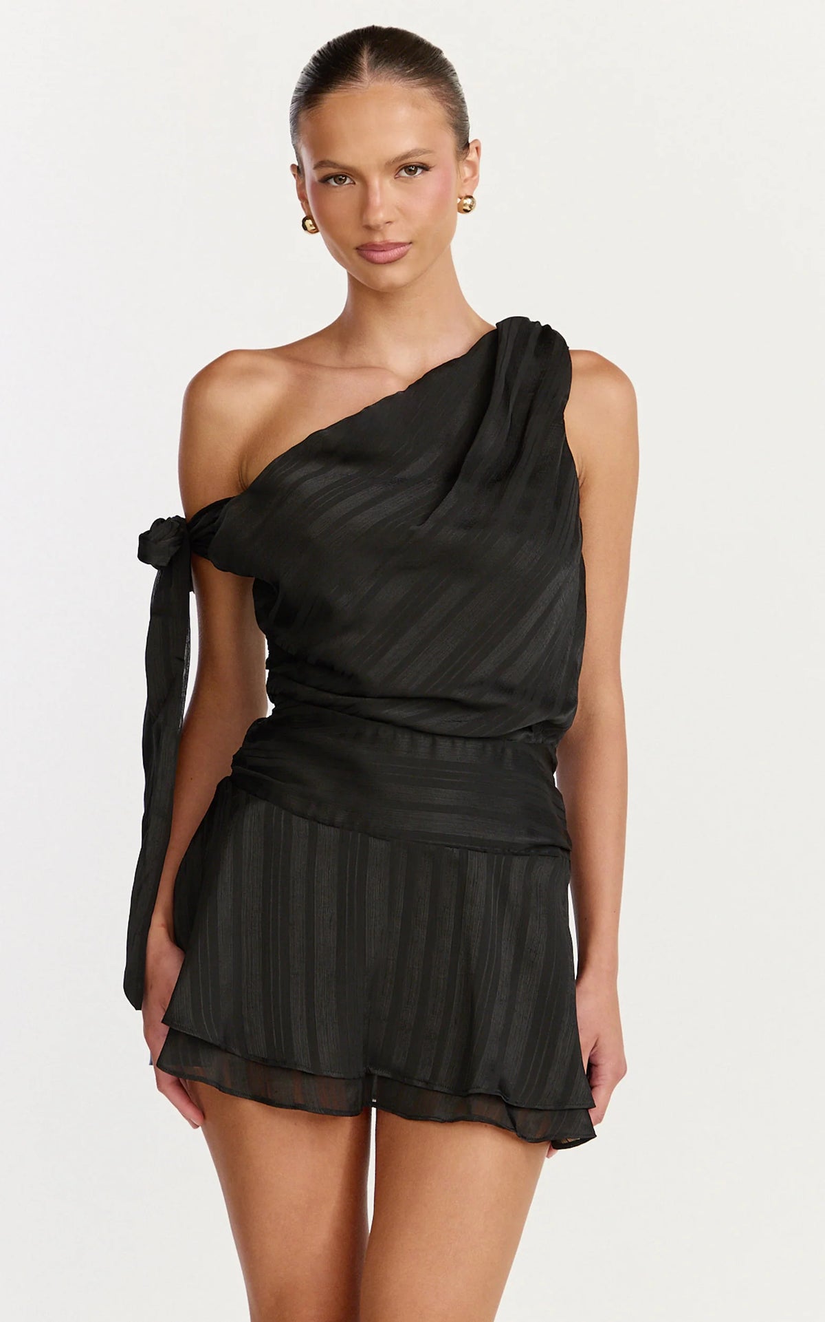 Giselle Mini Dress - Asymmetrical One Shoulder Tie Detail Dress in Lemon