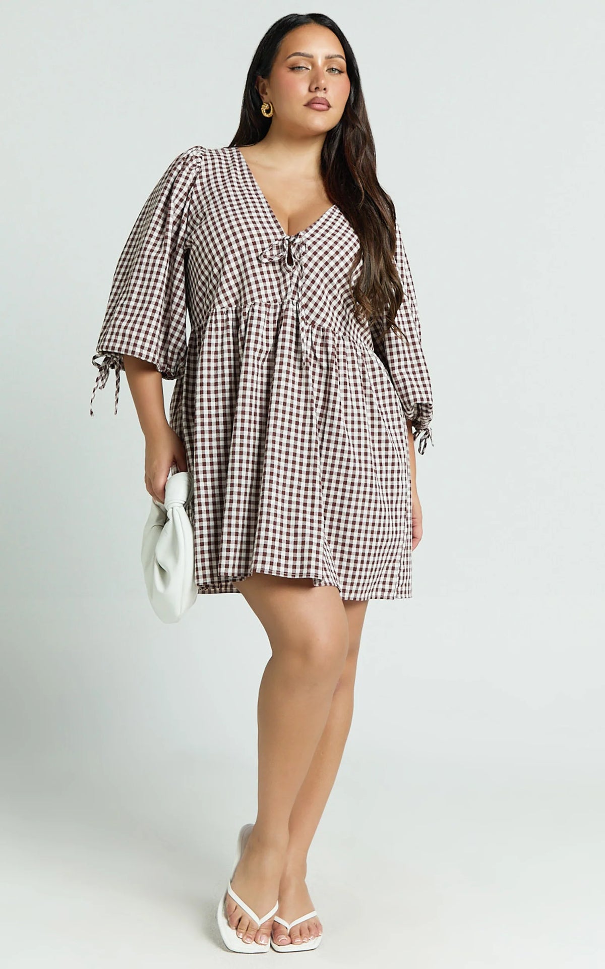 Rosita Mini Dress - Tie Front Puff Sleeve Dress in Black and White Check