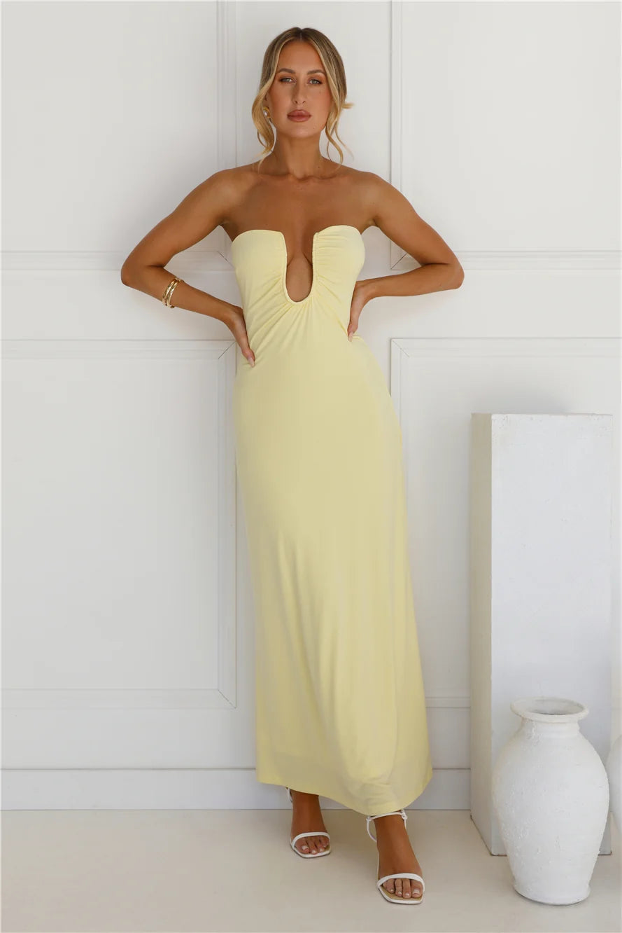 Temperature Rising Strapless Maxi Dress Yellow