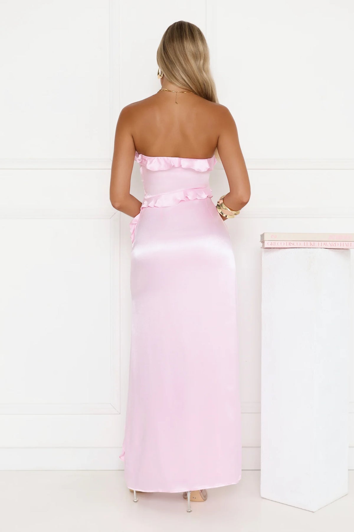 Seaside Eternity Strapless Satin Maxi Dress Pink