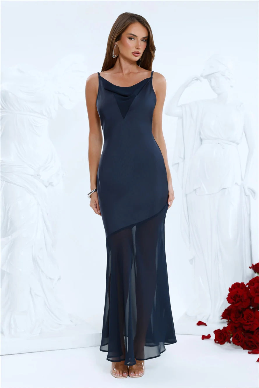 Elegant Simplicity Satin Maxi Dress Navy