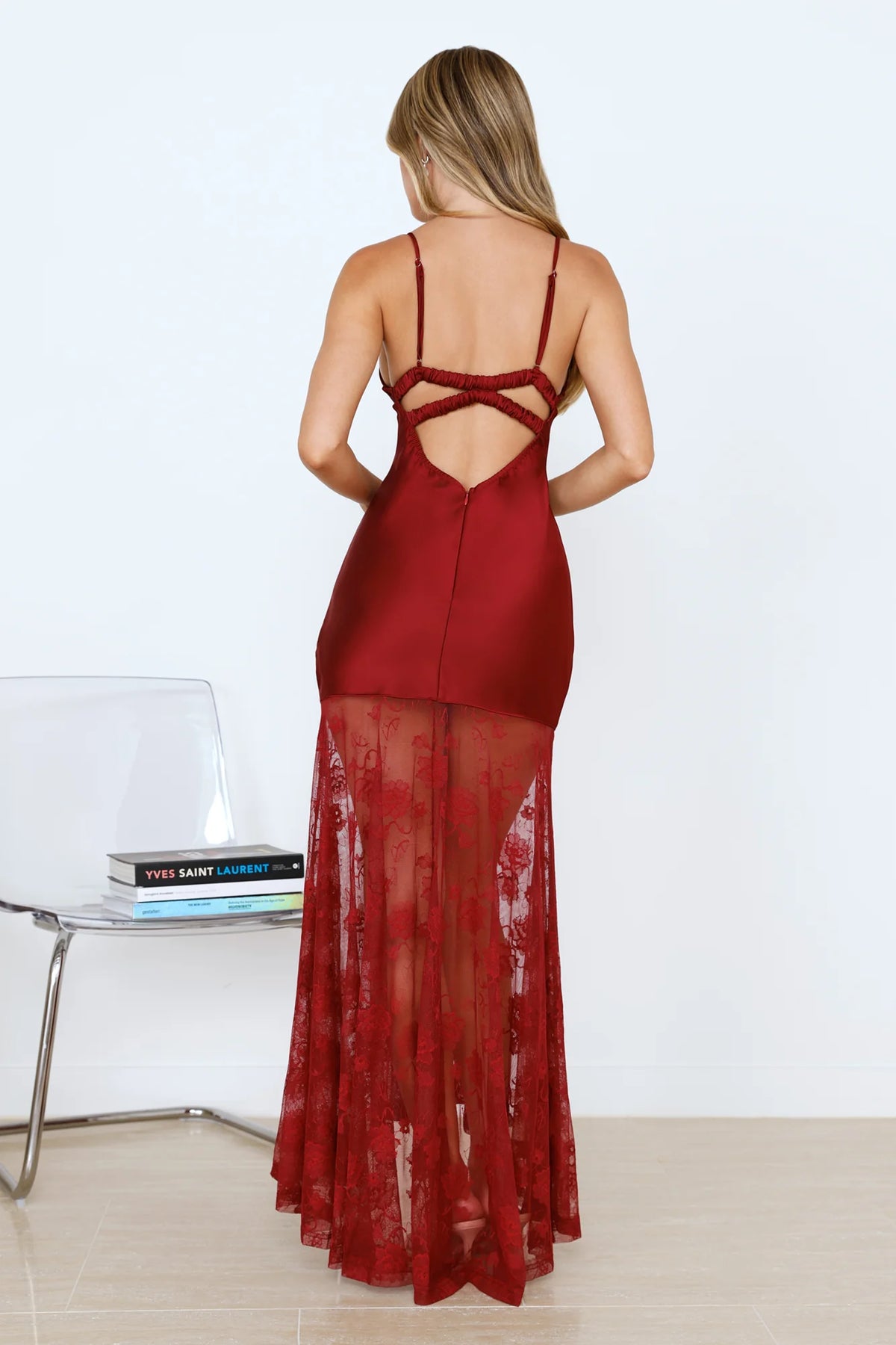 Pose For Me Lace Satin Maxi Dress Brown