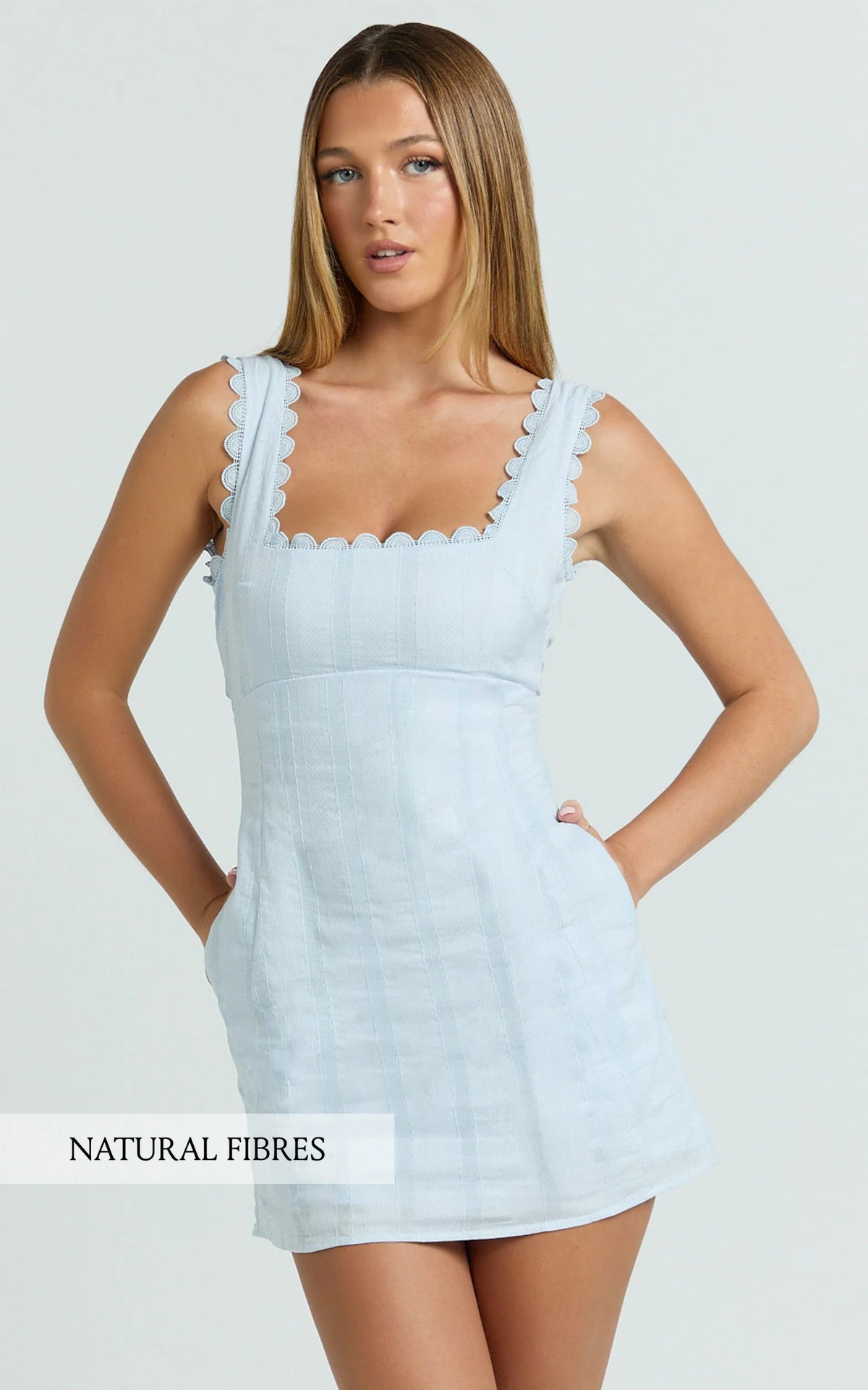 Sylvia Mini Dress - Square Neck Lace Trim A Line Mini Dress in Pink