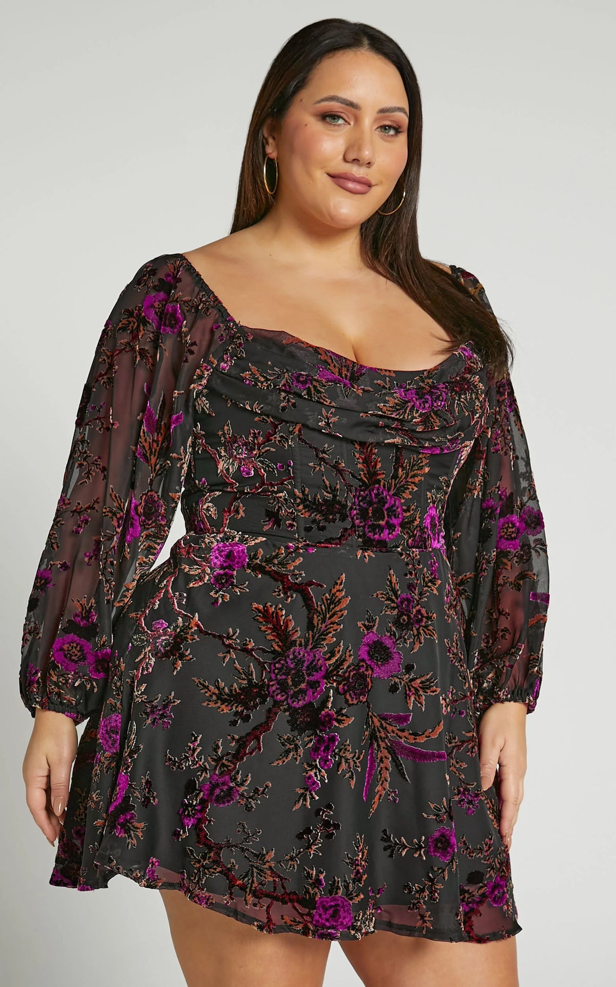 Jessell Mini Dress - Long Sleeve Cowl Corset Dress in Burnt Out Floral