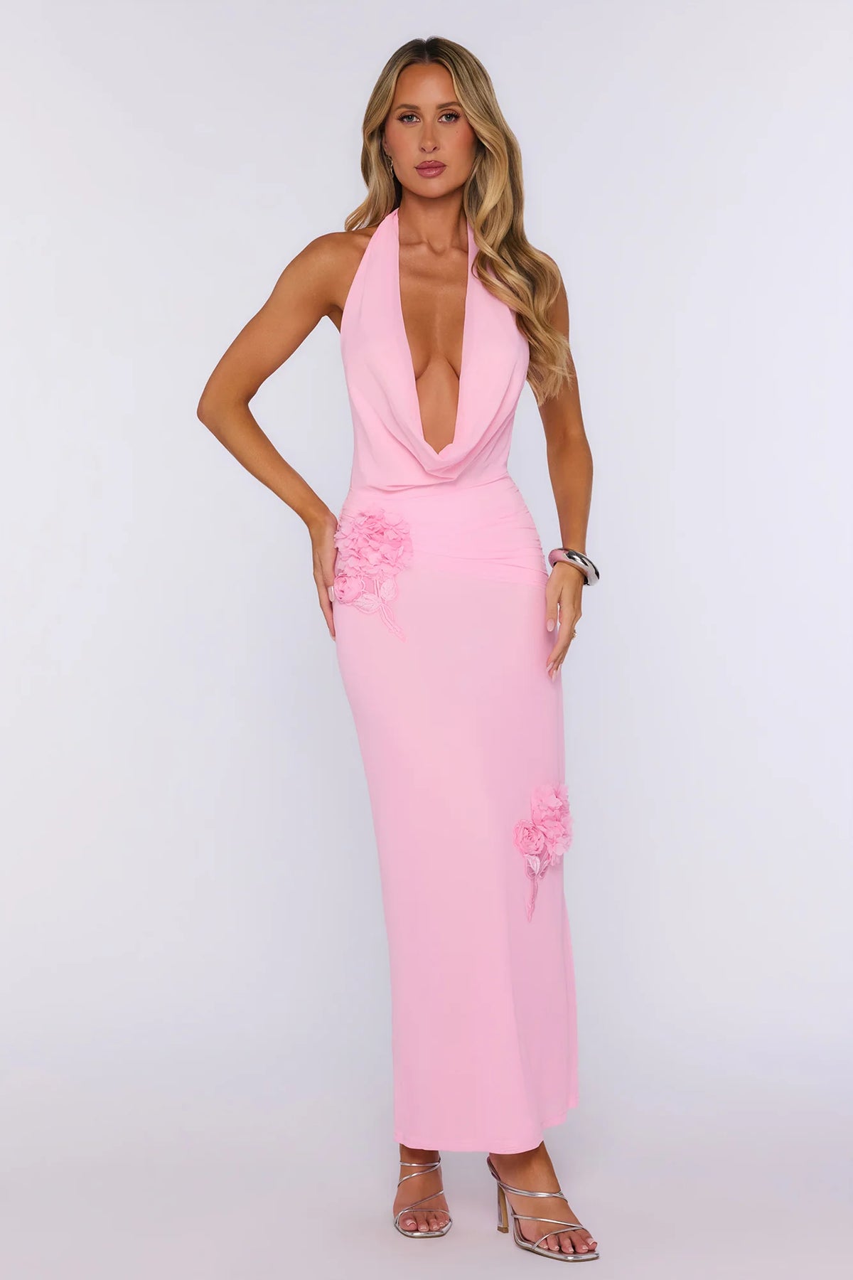 Petal Theory Mesh Halter Maxi Dress Pink