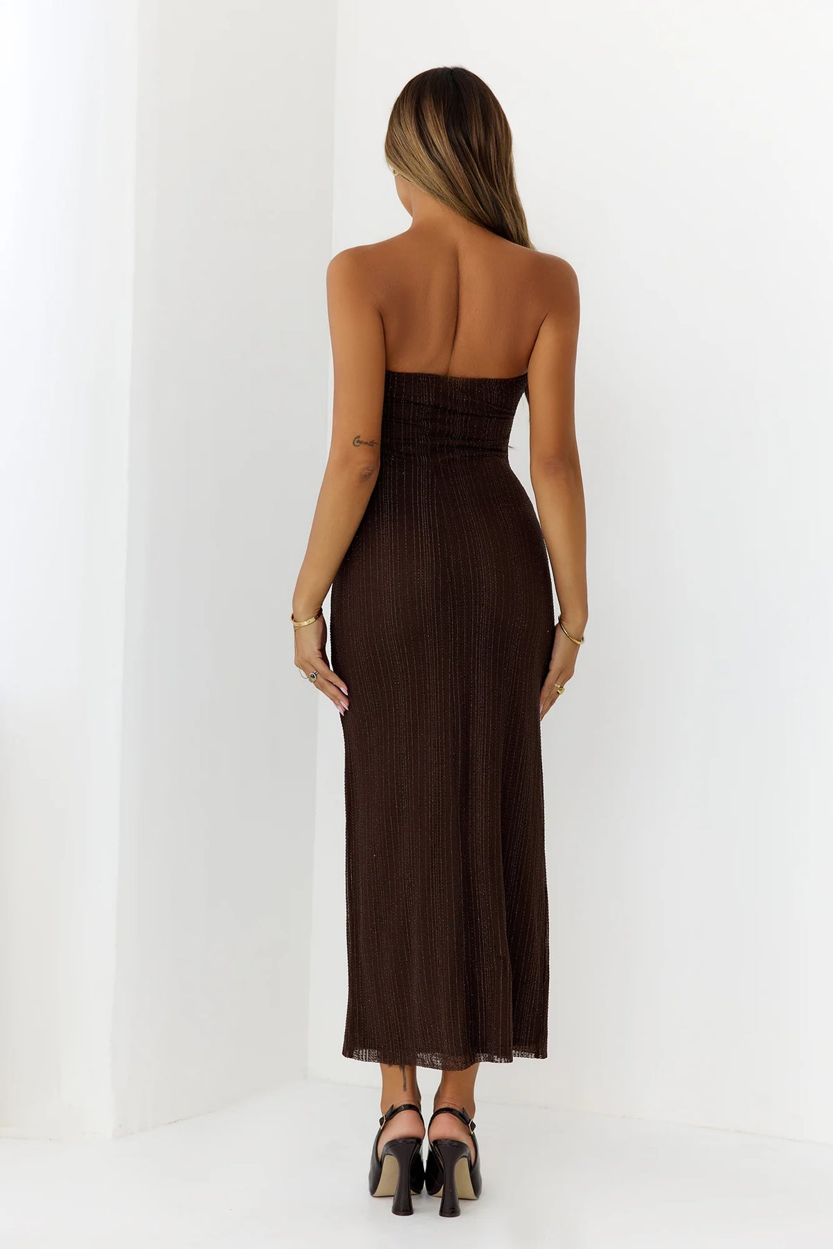 Girl Of Sultry Diamante Strapless Midi Dress Brown