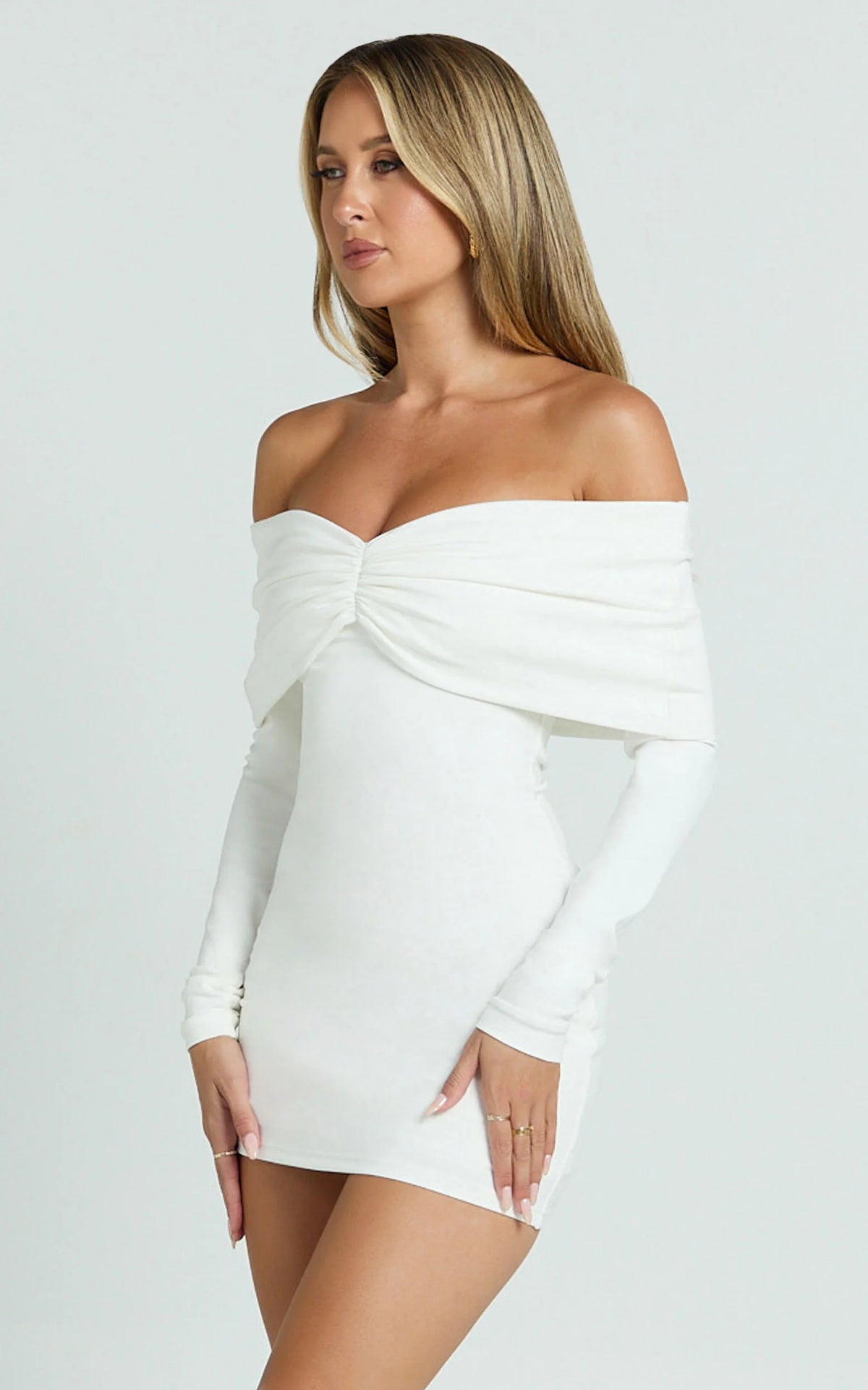 Rani Mini Dress - Off Shoulder Long Sleeve Bodycon Dress in Chocolate