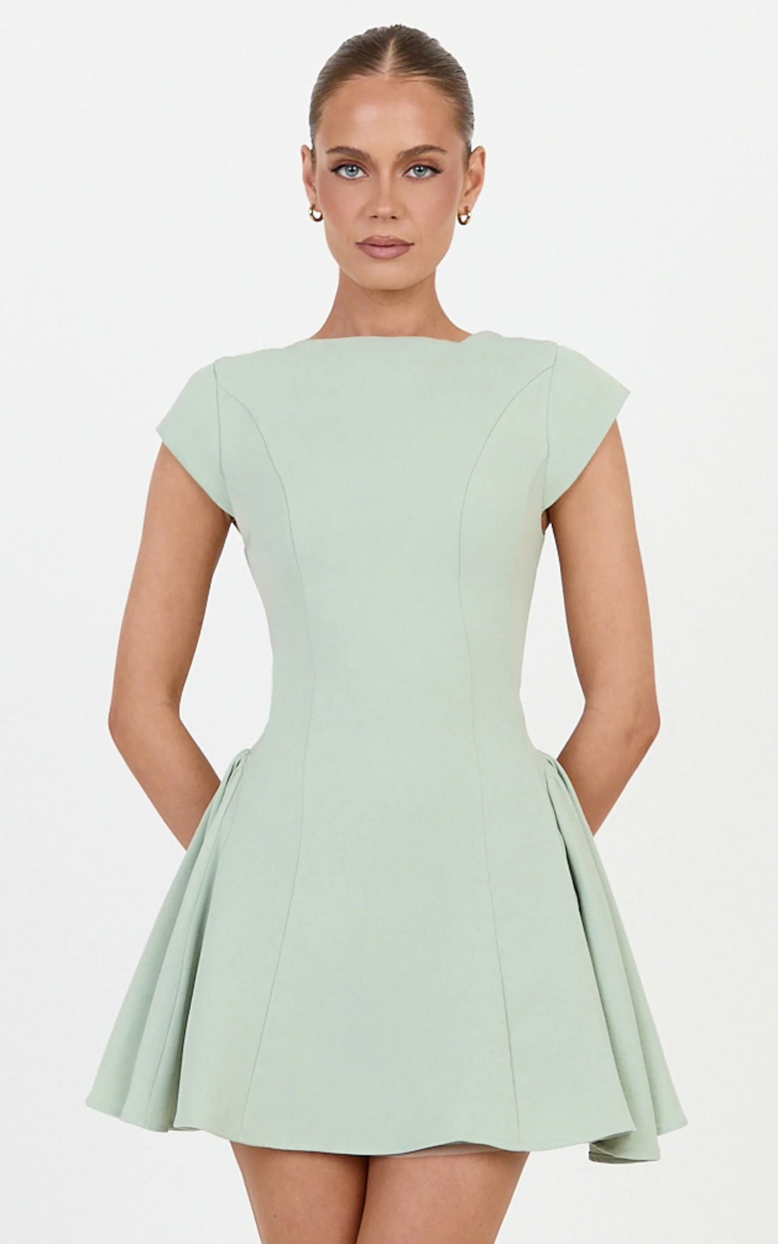 Lorayne Mini Dress - Cap Sleeve Gathered Hip Tie Back Mini Dress in Cream