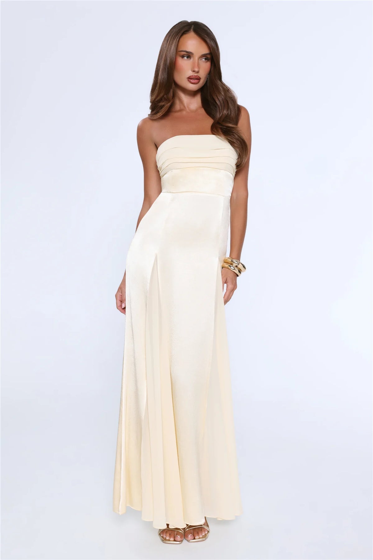 Statement Shine Strapless Satin Maxi Dress Red