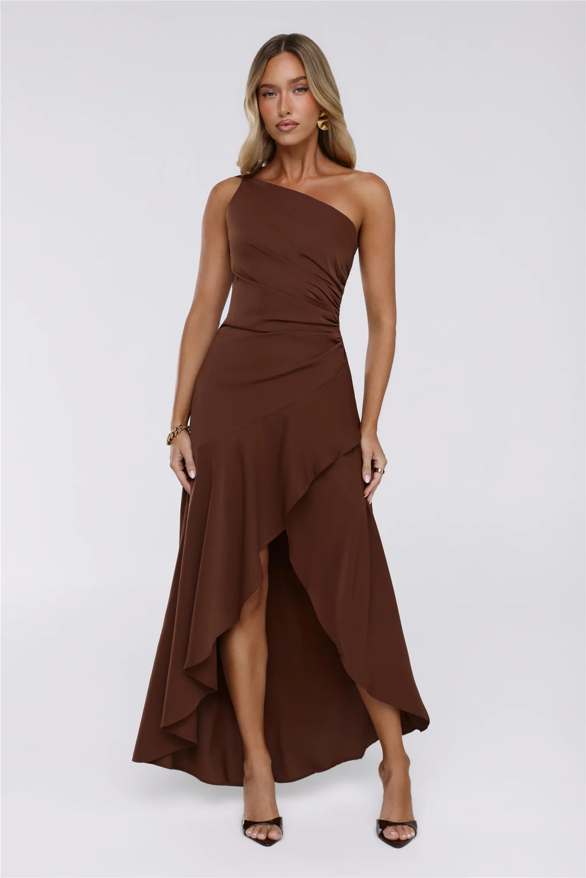Rule Breaker One Shoulder Midi Dress Brown