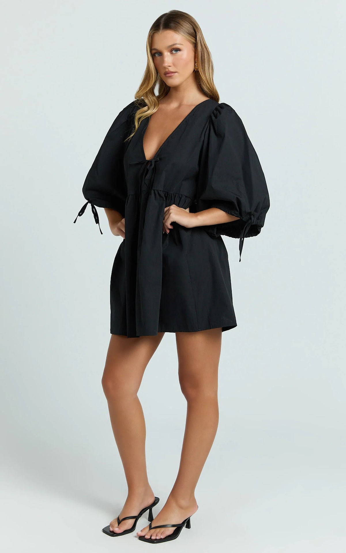 Rosita Mini Dress - Tie Front Puff Sleeve Dress in Black and White Check