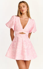Rosalie Mini Dress - Floral Jacquard V Neck Fit and Flare Dress in White