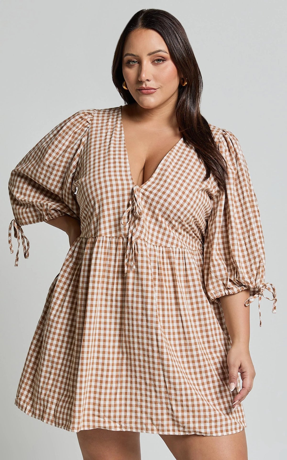 Rosita Mini Dress - Tie Front Puff Sleeve Dress in Black and White Check
