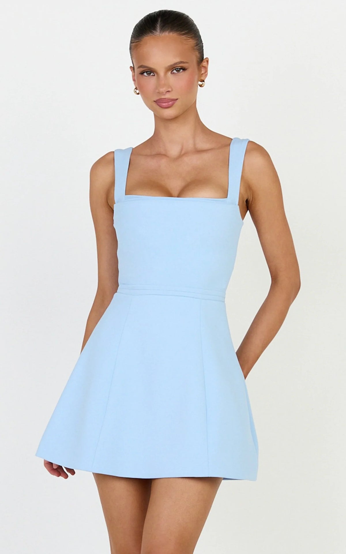 Donna Mini Dress - Square Neck Pin Tucked Waist Tulip Skirt Dress in Light Blue