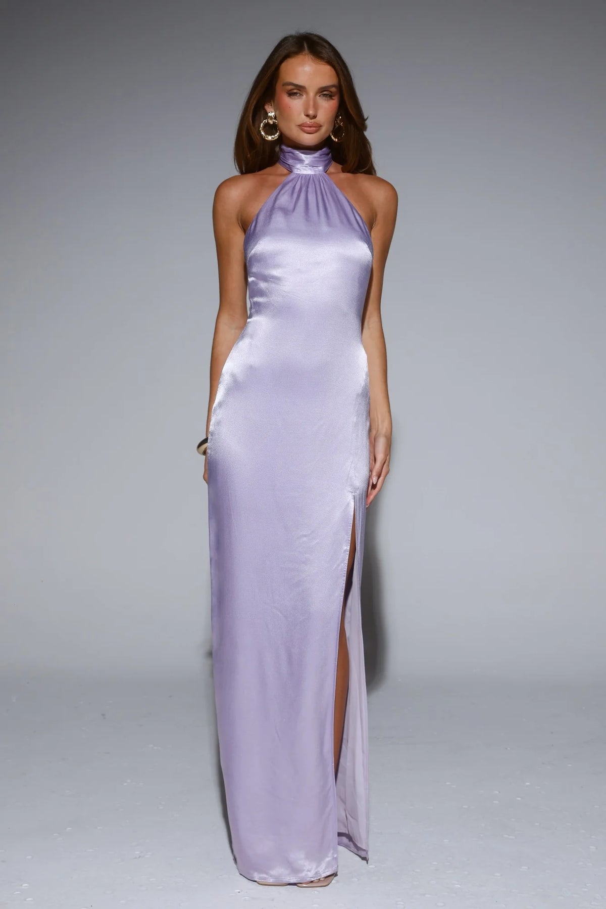 Effortless Luxe Halter Satin Maxi Dress Chocolate