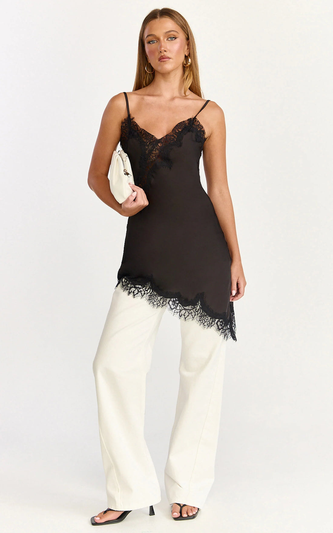 Iris Mini Dress - Lace Trim Asymmetrical Camisole Dress in Chocolate