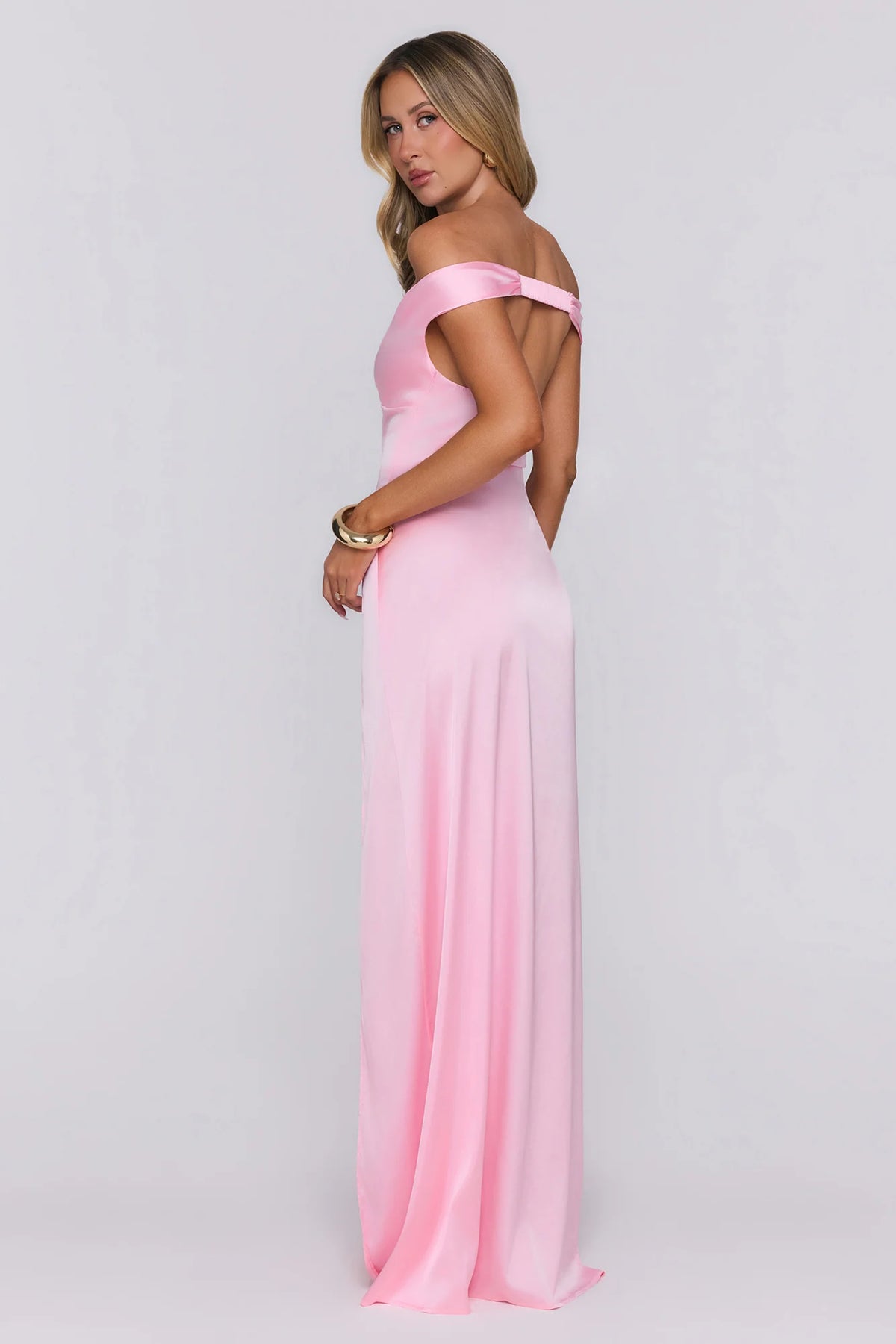 Spark Babe Off Shoulder Satin Maxi Dress Pink