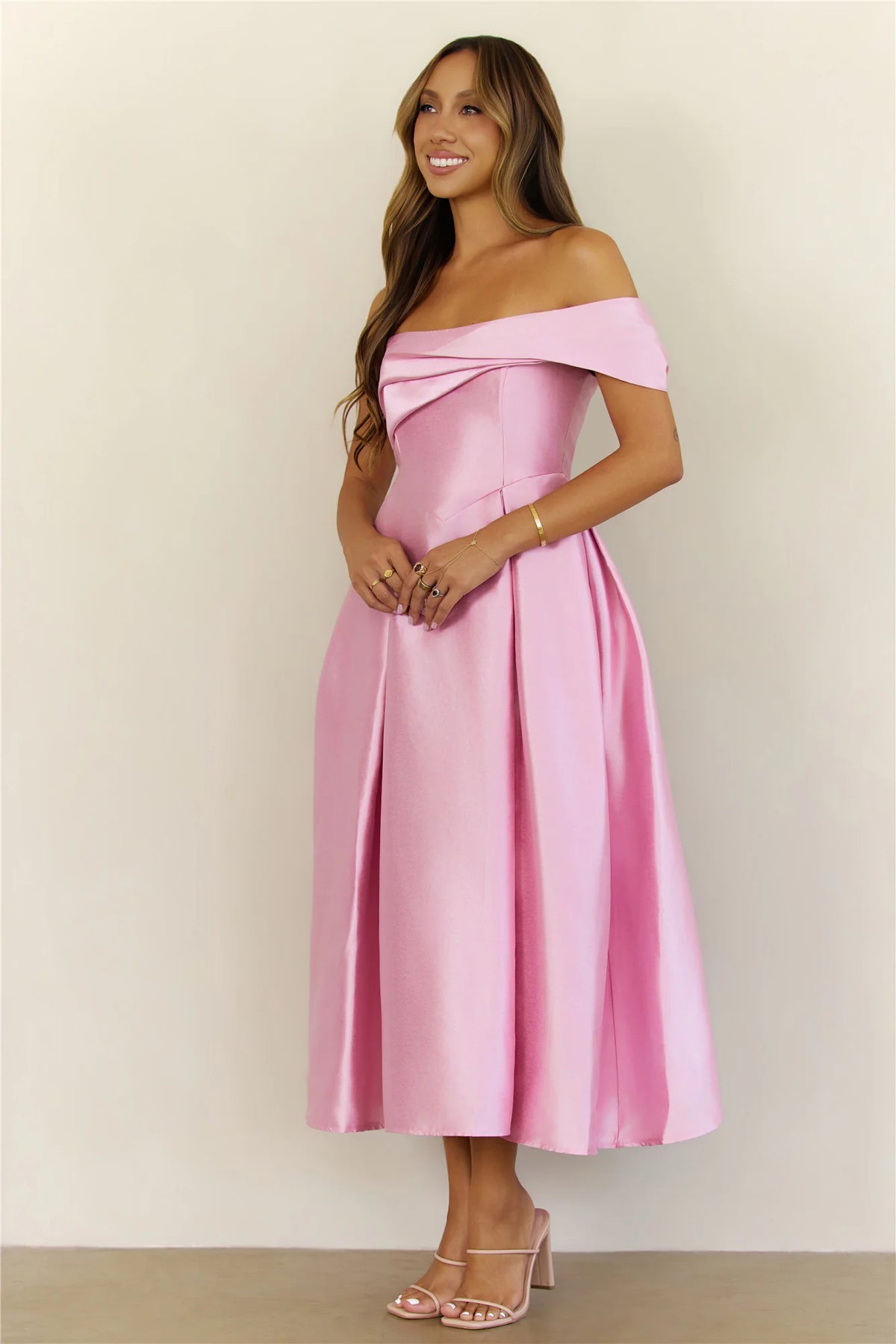 Timeless Satin Folded Off Shoulder Midi Dress Pink