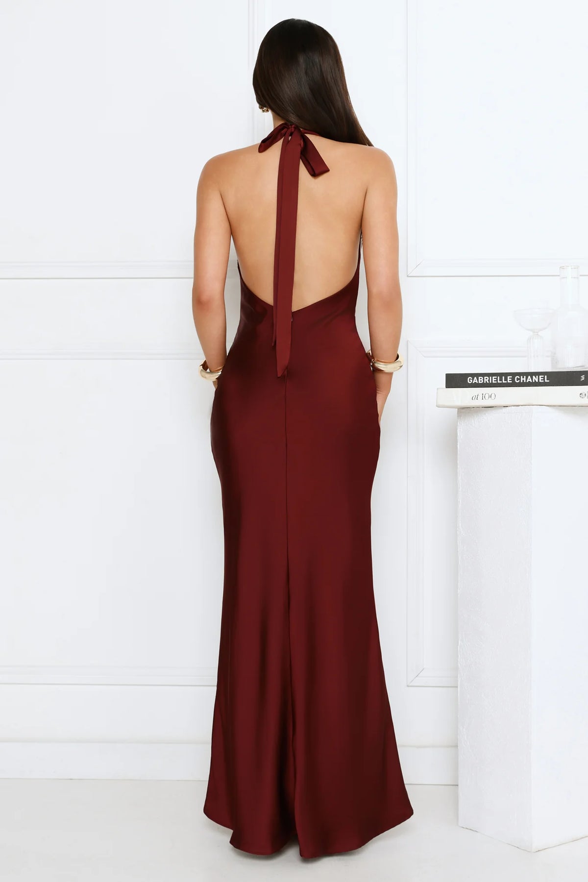 Cherry Whirl Satin Halter Maxi Dress Emerald