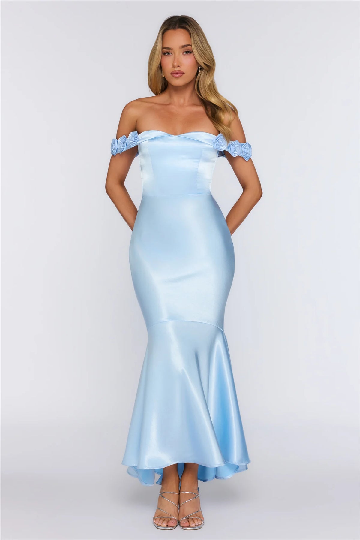 Falling Soft Satin Off Shoulder Maxi Dress Yellow