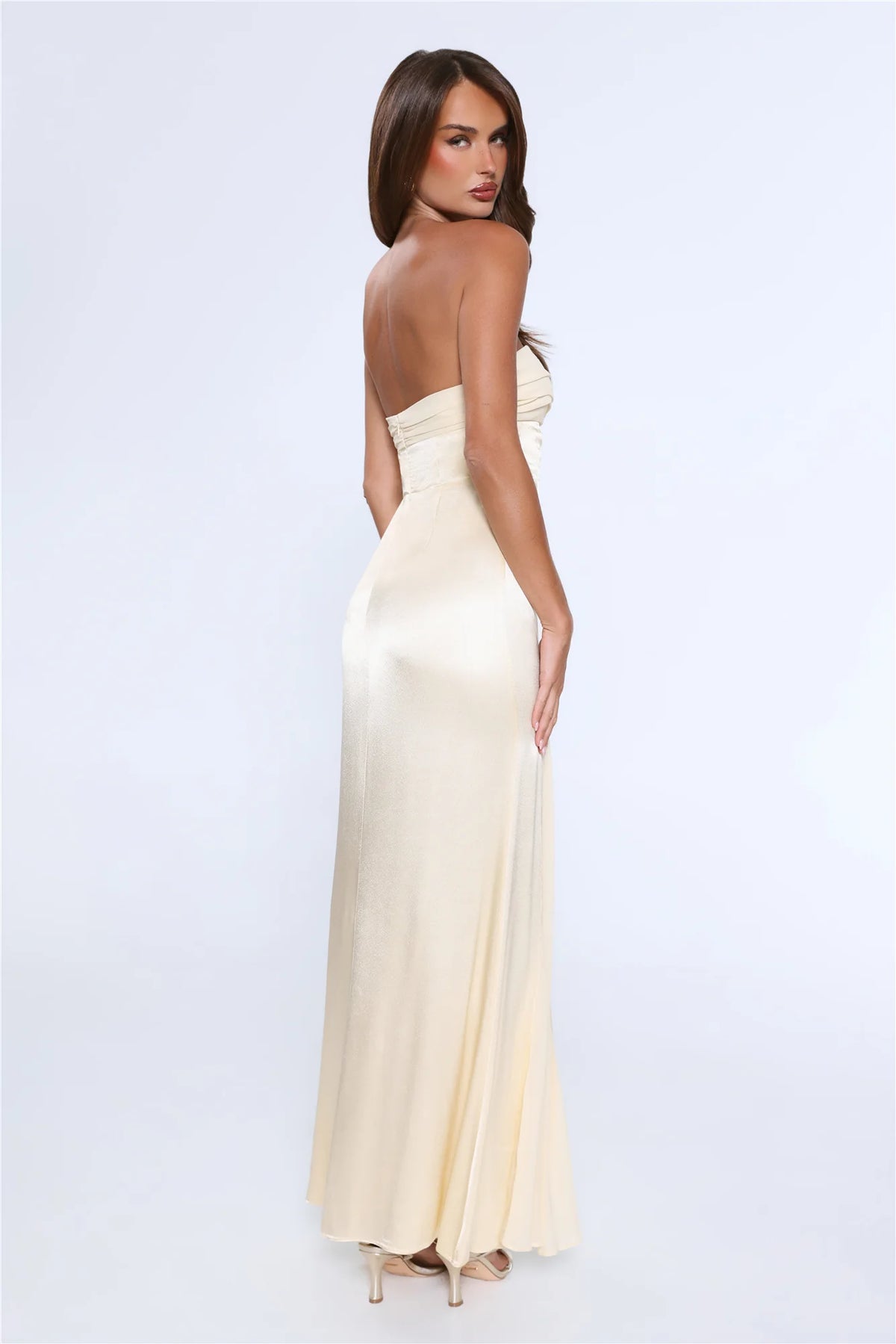 Statement Shine Strapless Satin Maxi Dress Red