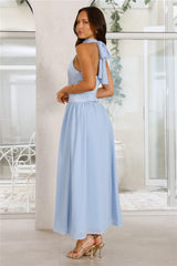 Lovely Magic Satin Halter Maxi Dress Blue
