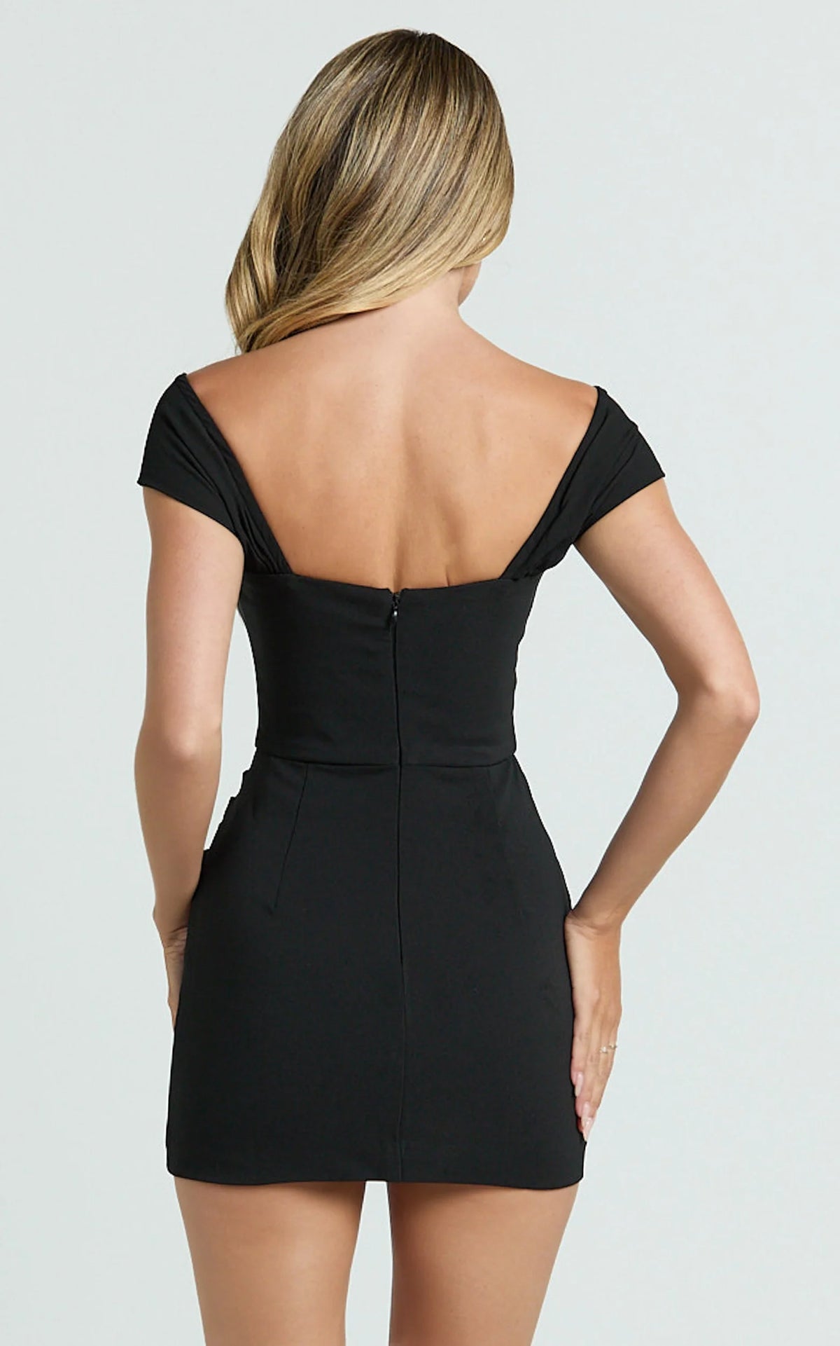 Veronika Mini Dress - Off Shoulder Plunge Fit And Flare Dress in Blue