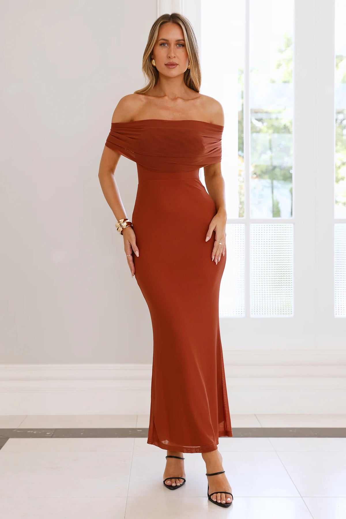 Invited Off Shoulder Mesh Maxi Dress Black