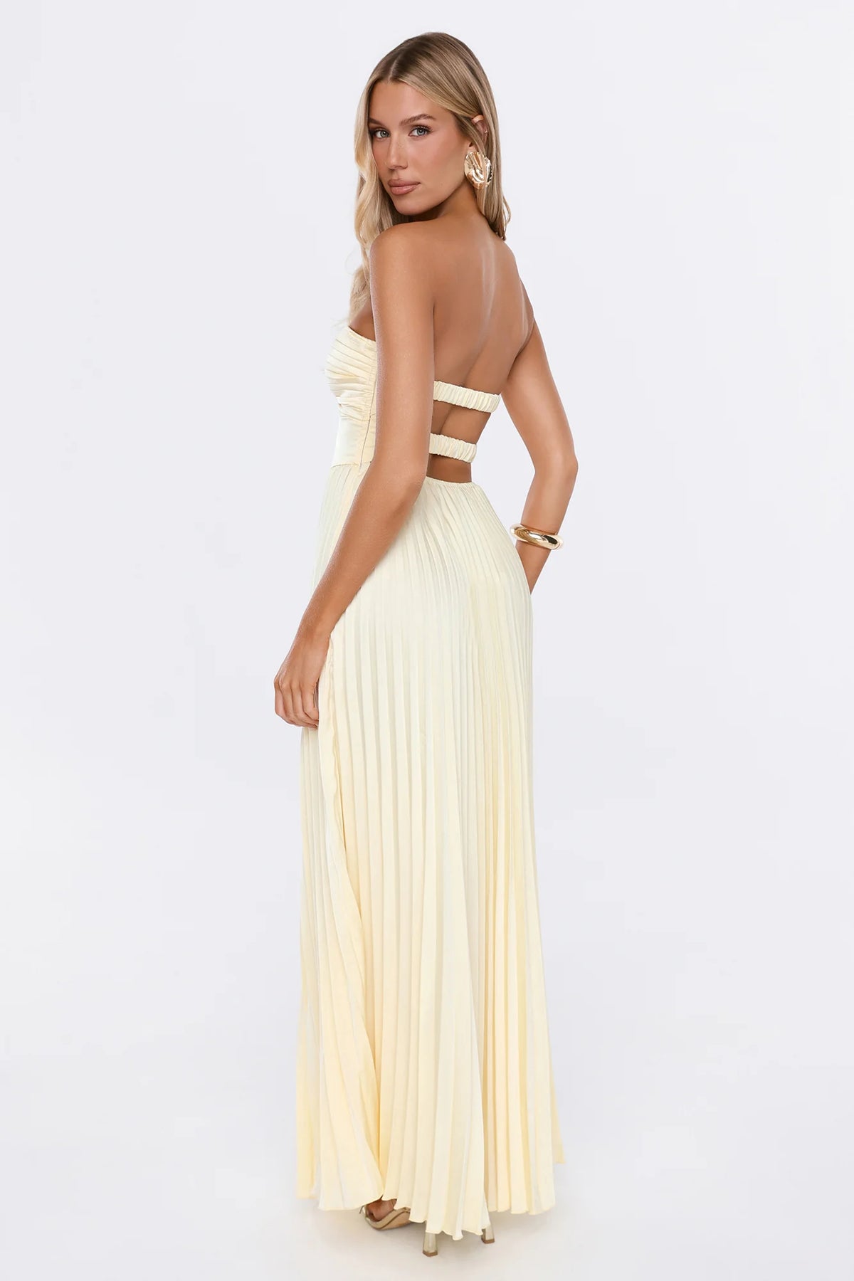 Dress Society Satin Pleated Strapless Maxi Dress Yellow