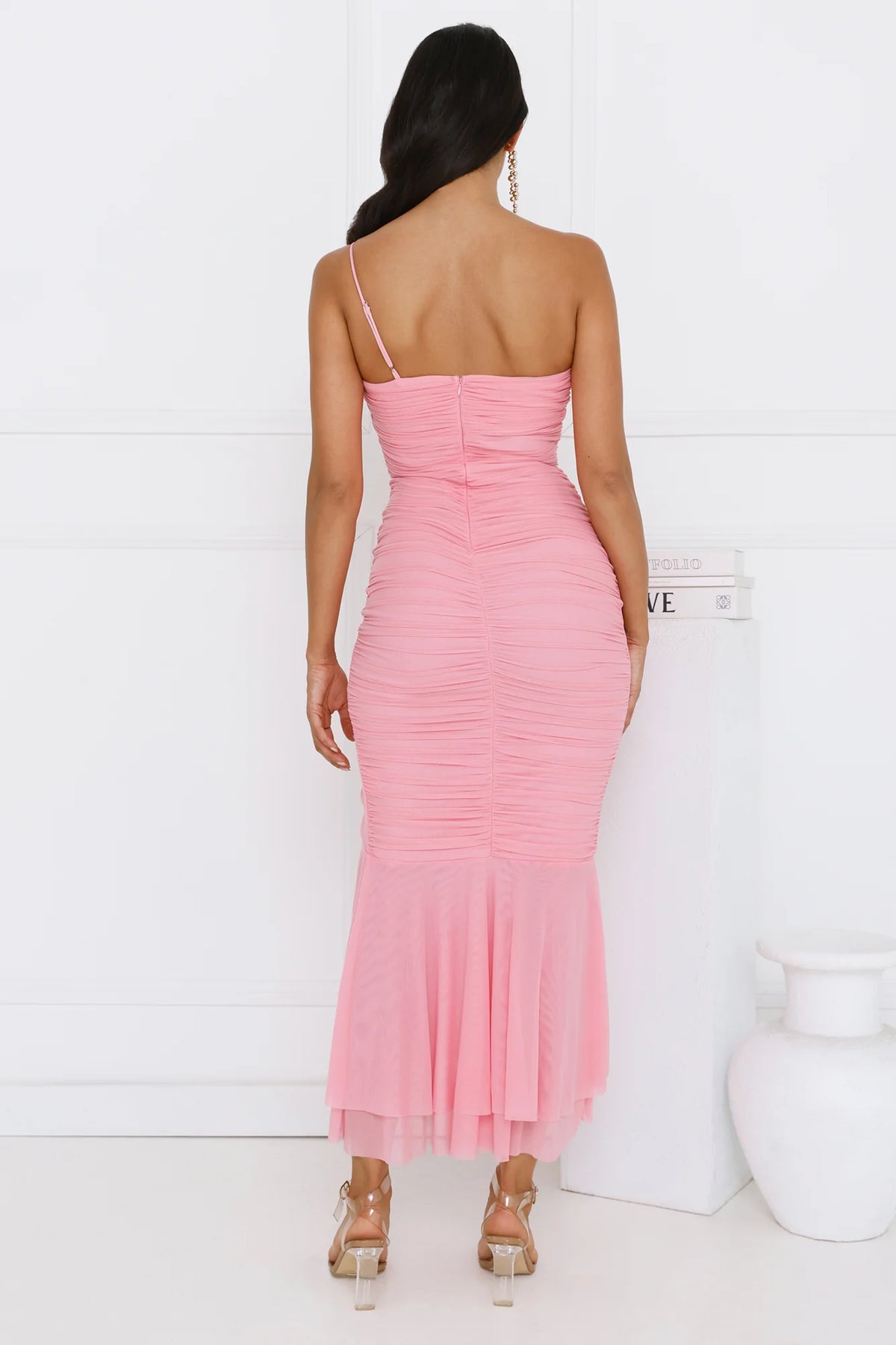 Style Night One Shoulder Mesh Midi Dress Pink
