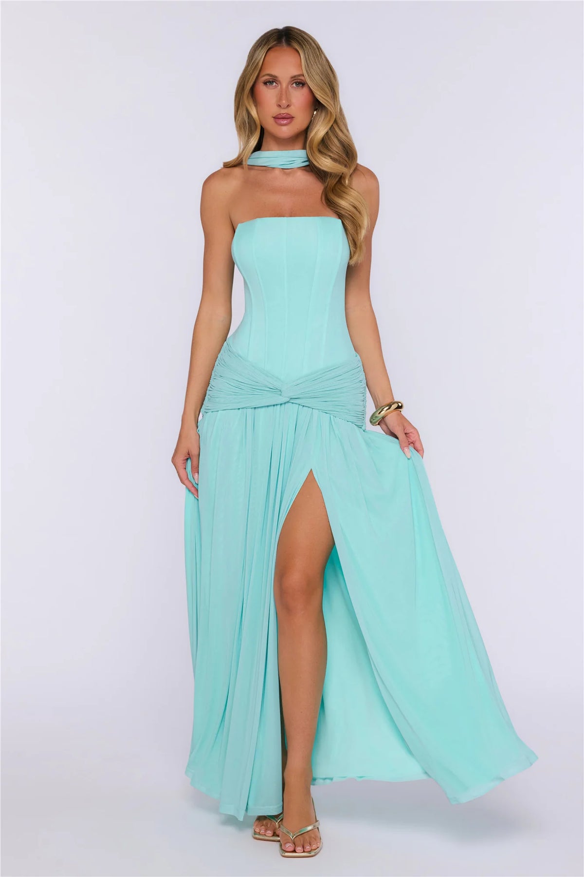 Pretty Feeling Strapless Mesh Maxi Dress Aqua