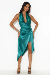 Hour Of Moonlight Halter Satin Midi Dress Green