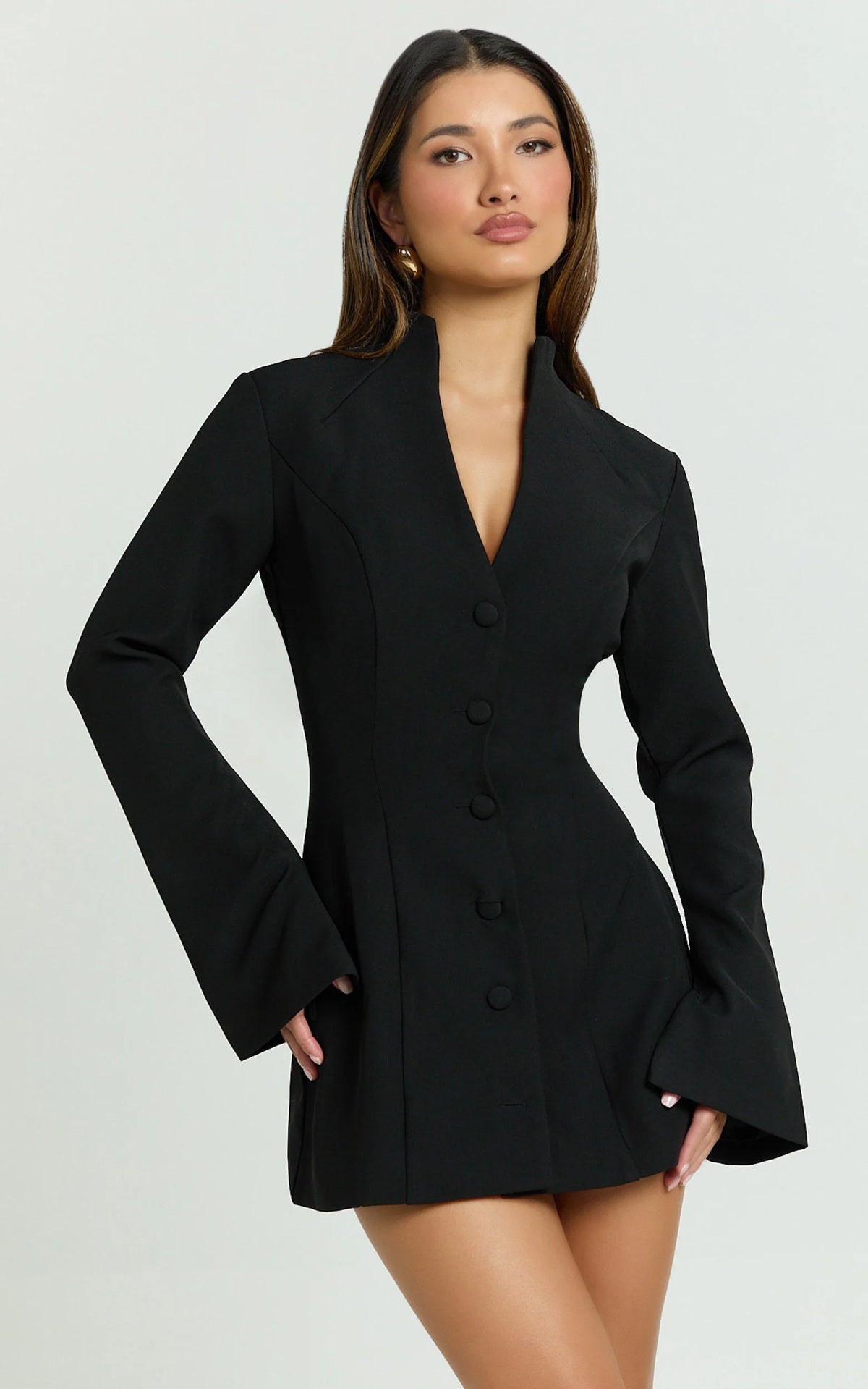Layton Mini Dress - V Neck Long Sleeve Button Front Tulip Skirt Dress in White
