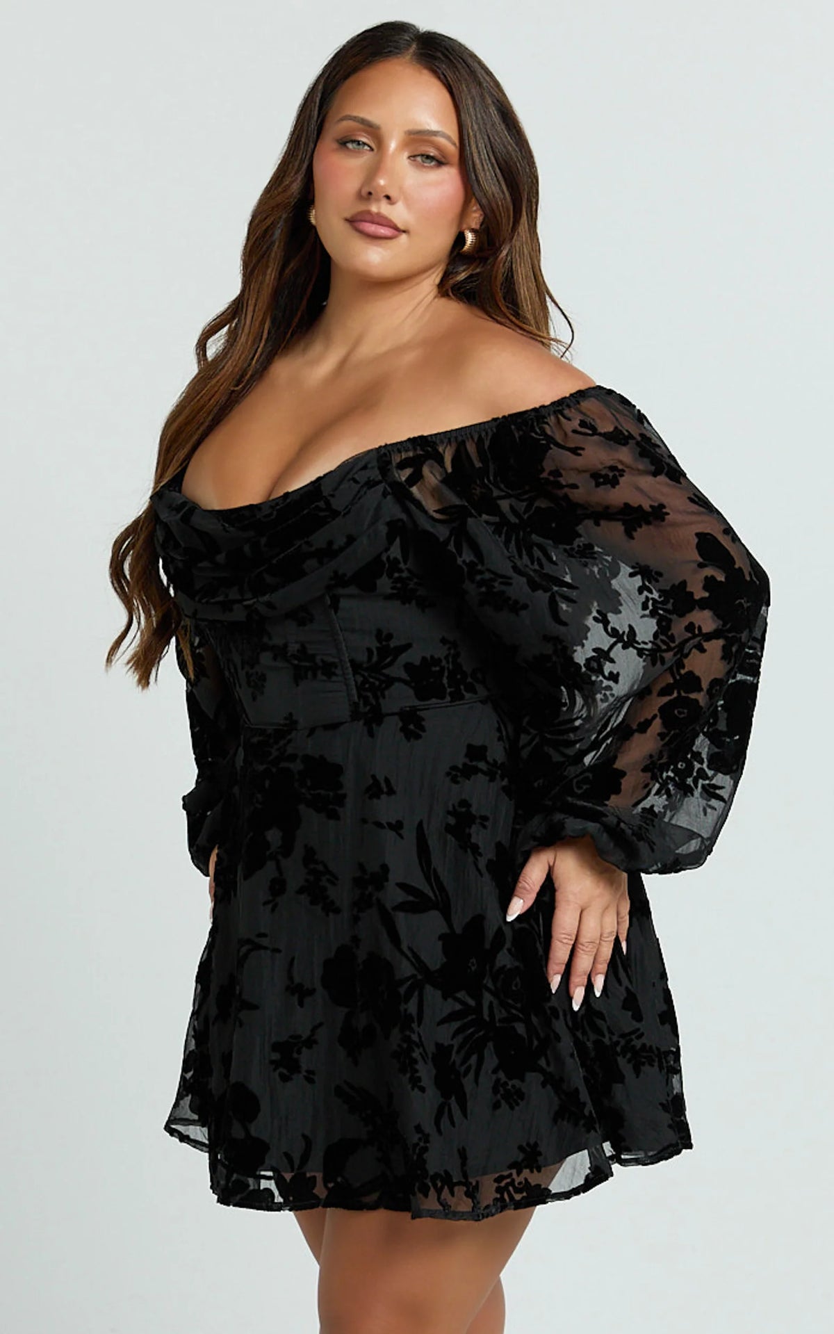 Jessell Mini Dress - Long Sleeve Cowl Corset Dress in Burnt Out Floral