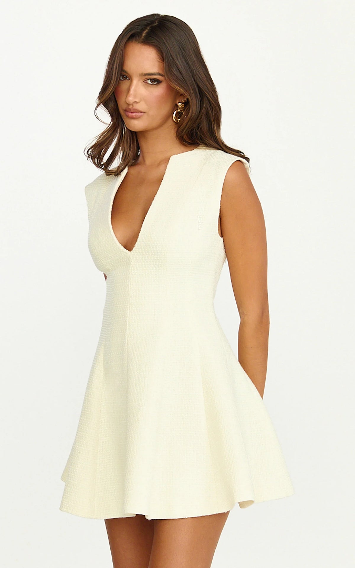Nelson Mini Dress - Low Cut Boucle Fit & Flare Mini Dress in Wine