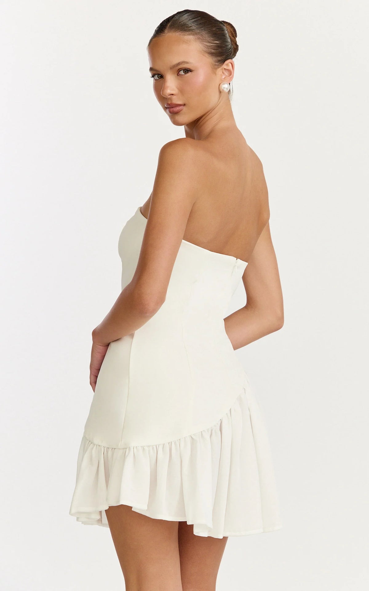 Calla Mini Dress - Strapless Gathered Asymmetric Dropped Waist Dress in Light Blue